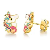 VOLUKA 18K Yellow Gold Plated Hypoallergenic Unicorn gifts Stud Earrings for Girls Sensitive Ears (Nickel Free)