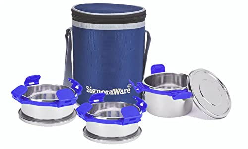 Image of Signoraware All Executive Stainless Steel Big Lunch Box with Bag | Airtight & Leakproof | Lightweght | Ideal for Picnic & Outdoors | Preserve Freshness | Compact Design (500ml + 350mlx2 | Violet)