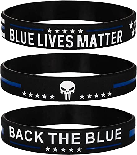 Blue Lives Matter Thin Blue Line American Flag Bracelets with Skull - Back The Blue Police Silicone Rubber Wristband Band Set - Support Law Enforcement Gifts for Police Cops, Men Women (Unisex)