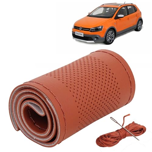 Image of KINGSWAY PU Leatherite Car Steering Cover Sewable Compatible with Volkswagen Polo Cross (Year 2010 Onwards), Tan Color with Tan Thread, Pack of 1 with Sewing Needle and Thread