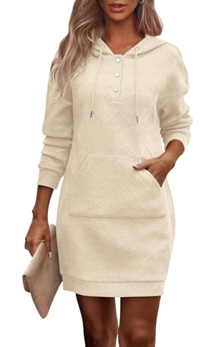 ABYOVRT Vestido Sudadera Mujer con Capucha y Bolsillo Ropa Casual de Manga Larga en Tejido de Panal para Otoño Invierno,Beige,L