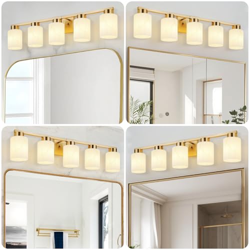 Image of 5-Light Bathroom Light Fixtures, Modern Vanity Lights, Gold Metal Wall Lamp with White Marble Glass for Bathroom, Mirror, Living Room, Bedroom, Cabinet, Porch, Hallway, E26 Base