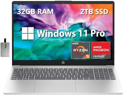 HP 15.6″ Full HD Laptop, AMD Ryzen 5 7520U Processor, 32GB RAM, 2TB SSD, AMD Radeon Graphics, Bluetooth, Wi-Fi, Win11 Pro, Silver, 32GB Hotface USB Card