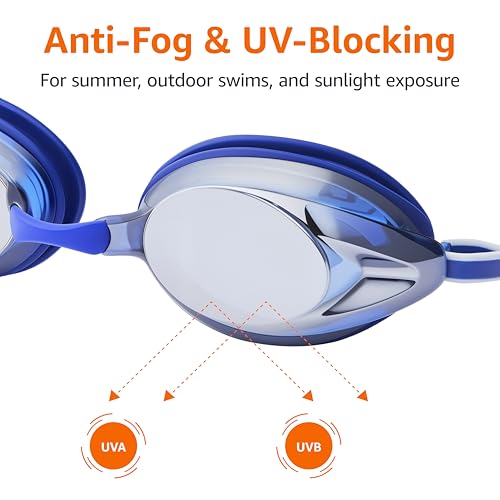 Image of Amazon Basics Unisex Swim Goggles for Adults, Anti-Fog, Unisex, Wide View, 4 Interchangeable Nosepieces