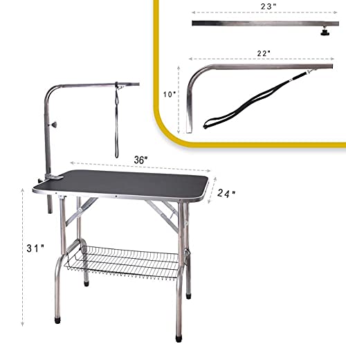 Polar Aurora Pingkay 36'' Black Heavy Duty Pet Professional Dog Show Stainless Steel Foldable Grooming Table W/Adjustable Arm & Noose & Mesh Tray #TOP5