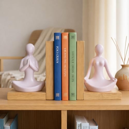 Image of eCraftIndia Wooden Book End and Yoga Lady Statues Decorative Showpiece for Home Decor in Living Room Office