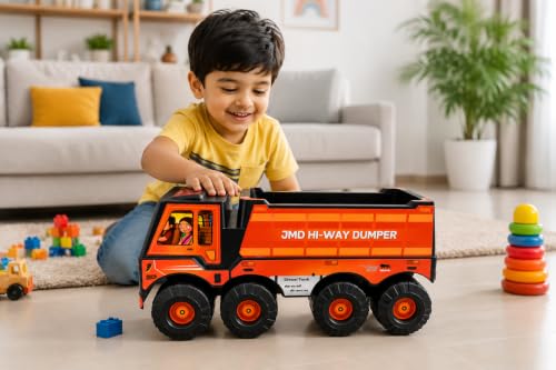 Image of Kids Ride On Dumper Truck Toy Orange for Age 2-8 Kids Ride On Dumper Truck Toy for Boys & Girls | Heavy Duty Plastic Hi-Way Dump Truck | Large Construction Vehicle Toy | Big Wheels | Age 2-8 Years |
