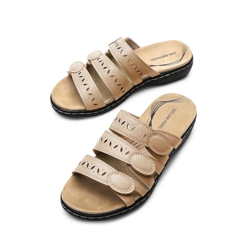 DREAM PAIRS DREAM PAIRS Women's Slide Sandals Comfortable Arch Support Casual Walking Sandals Adjustable Straps Slip On Low Wedge Flat Sandals,Size 11,Nude,DWUMSS2510