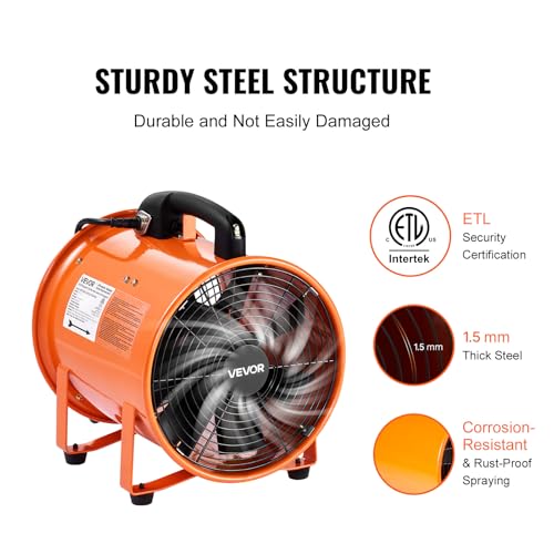 Ventilador portátil VEVOR con manguera, extractor de aire de 2 velocidades, ventilador industrial de 10 pulgadas con caudal de 1948 CFM y potencia de 292 W para extracción y ventilación miniatura 3