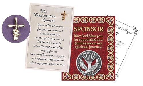 Confirmation Sponsor Pin Card - Coin Style Confirmation Sponsor Lapel Pin with Card, Catholic Emblem with Cross and Dove Design, The Lord's Prayer Card - Set of 3 Items