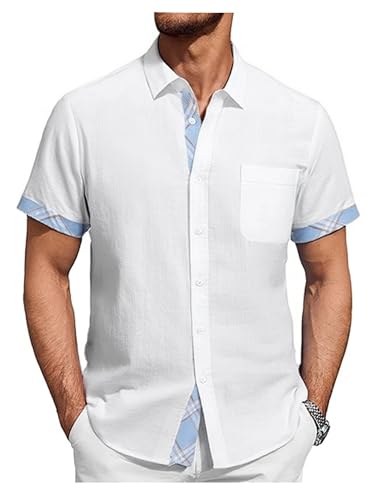 Damipow Linen Shirts for Men Casual Button Down Beach Vacation Shirt Short Sleeve Button Up Shirts with Pocket