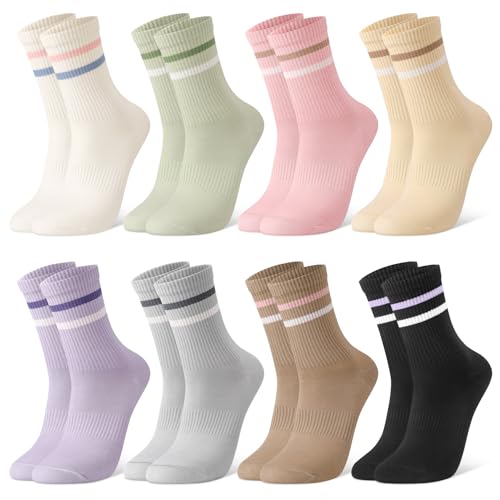 Utensilsto 8 pares de meias mulher 39-42 meias de ténis coloridas meias desportivas compridas de algodão às riscas meias para mulher ténis desporto corrida trabalho