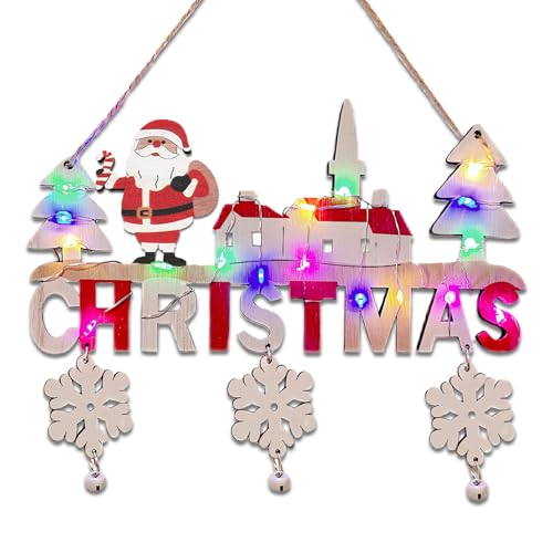 KEELYY Decoración Colgante de Navidad LED, Decoración Madera Navidad para Puertas, Adorno Letrero Pancarta de Puerta Pared Ventana Escaparate para Fiesta de Navidad – Santa Claus