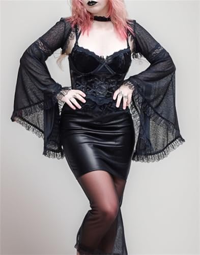 Image of Goth Bolero Shrug Women Lace Sheer Mesh Gothic Flare Sleeve Emo