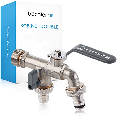 Robinet Universel Double Bächlein pour le Jardin Anthracite avec 2 Raccordements de Tuyau - Robinet à Boisseau Sphérique Raffiné avec Raccordement 1/2 et 3/4 pouces, Robinet de Sortie pour l'Extérieur