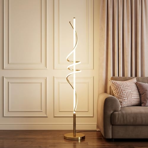 Image of LED Spiral Floor Lamp | 3-Color CCT (Warm + Natural + Cold White) | Gold Aluminium Standing Lamp for Living Room, Bedroom & Home Decor