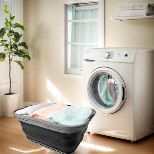 Image of SAMMART Set of 2 Collapsible Plastic Storage Basket - Foldable Pop Up Storage Container - Portable Laundry Organizer - Space Saving Hamper (Grey /Black, 42L (Style A))