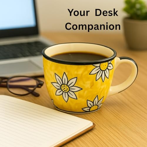 Image of KITTENS Ceramic Mug Set of 4 - 375ml | Yellow Floral Hand-Painted Design | Microwave & Dishwasher Safe | Food Grade | Tea, Coffee, Snacks | Ideal Gift for Home, Office & Festive Gifting