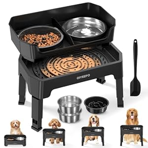 4 in 1 Large Elevated Dog Bowls: 4 Adjustable Height Raised Dog Bowl Stand with Mess Proof Design – Slow Feeder Licking Plate with 2 * 53oz Food Bowls