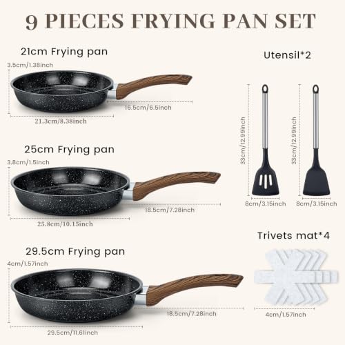 Image of Frying Pans Skillet - 9 Pieces Nonstick Frying Pan Set Includes 3 Sizes (8 inch / 10 inch / 12 inch), PFOA Free, Induction & Oven Safe, Easy to Clean for Home Daily Cooking