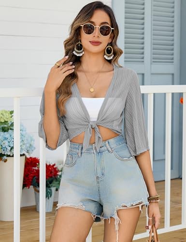 Image of iClosam Women Tie Front Chiffon Shrug Short Sleeve Cropped Sheer Bolero Shrug Cardigan