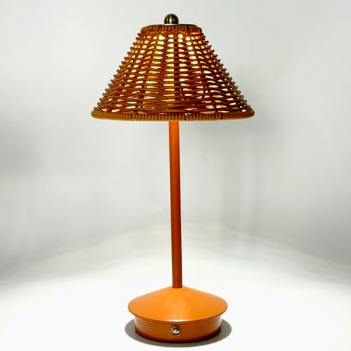 Boho Rattan Table Lamp, Vintage Wicker & Bamboo Nightstand Lamp Rechargeable Cordless Desk Lamp with Touch Control 3-Way Dimmable for Bedroom, Farmhouse, Nursery (Brown)