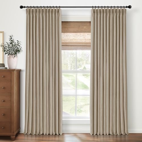 Pinch Pleated Blackout Curtains 120 Inch Long, Linen Blend, 100% Blackout Drapes with 20 Hooks, Ideal for Bedroom and Living Room, 40" W x 120" L (Pack of 2), Grey Beige
