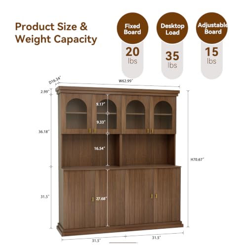 Image of ivaniti 71 inch Farmhouse Kitchen Pantry Cabinet Set of 2 with Arched Glass Doors, Dark Brown Freestanding Coffee Bar Hutch with Microwave Stand and Adjustable Shelves for Kitchen