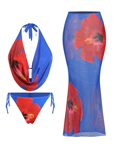 Image of ZAFUL Women's 3 Piece Floral Swimsuit Draped Neck Halter Bikini Tie Side Bathing Suit with Sheer Cover Up Skirt