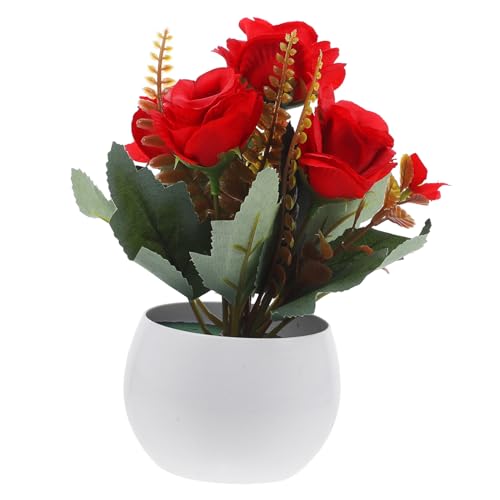 Angoily Künstliche Rote Rosenpflanze im Topf Realistische Dekoblume für Wohnzimmer Büro Fensterbank Pflegeleichte Kunstpflanze mit Lebensechtem Design als Schreibtisch Raumdekoration