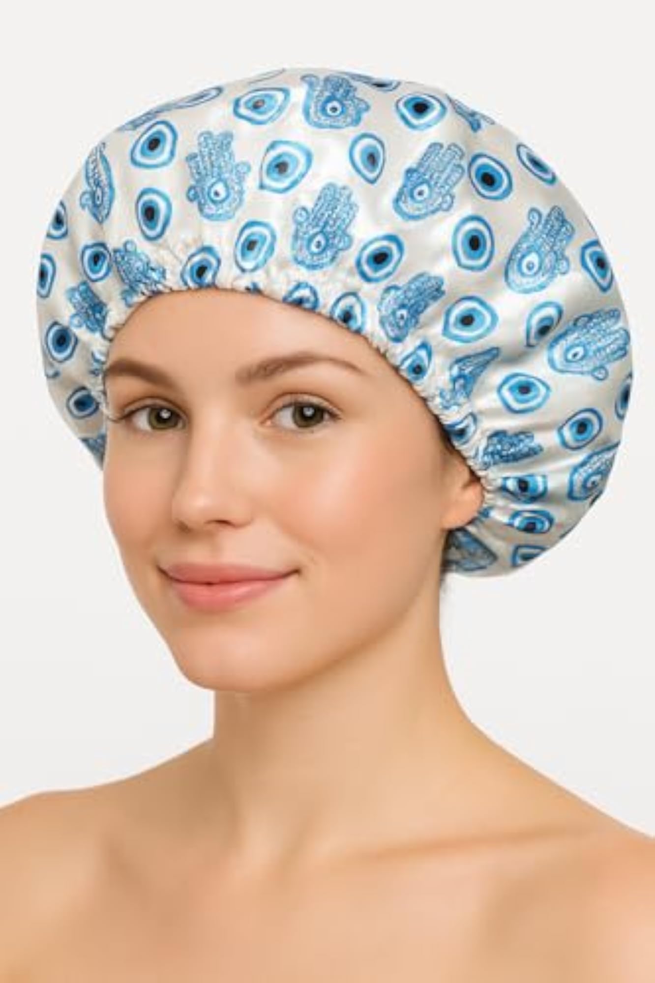 Women's Double-Layered Satin Shower Cap with Hamsa & Evil Eye Design