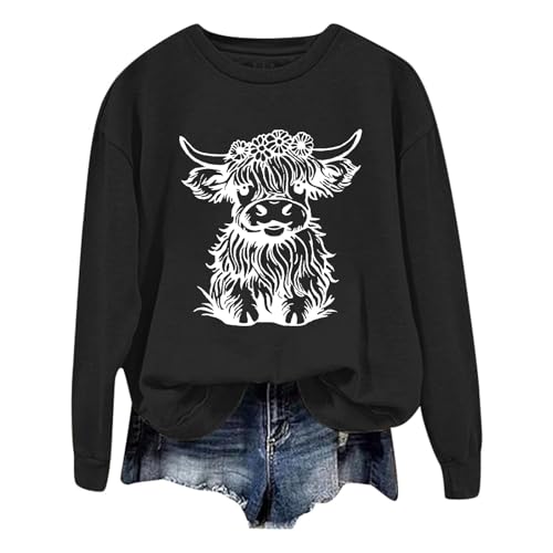 Sweatshirt femme imprimé vache mode automne 2024 col rond noir