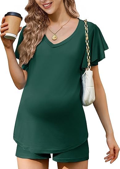 ELESOL Maternity Sets 2 Piece Outfits Flowing Short Sleeve V Neck Postpartum Pregnancy Pajamas Clothes