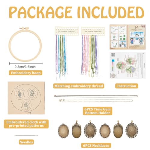 Image of FREEBLOSS 6 Set Embroidery Necklace Kit Embroidery Kit for Beginners Embroidery Pendant Flowers Brooch Mini Embroidery Kit with Instruction Embroidery Starter Kit for Adults Stamped Pattern Cloth
