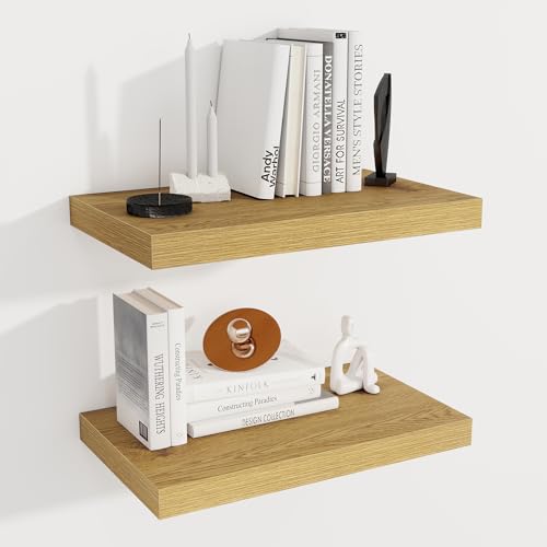 Image of Fun Memories 12 Inch Deep Floating Shelves for Wall, 20 Inch Long Wall Mounted Storage Shelf with Invisible Brackets, 2 Pack Hanging Wood Shelf for Farmhouse, Bedroom, Kitchen, Living Room, Oak