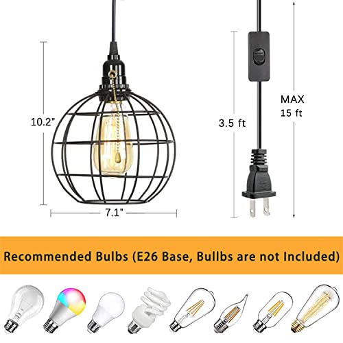Plug in Pull Chain Pendatn Light Industrial Farmhouse Black Finish Ceiling Light Fixture 15ft Adjustable Cord and On/Off Switch Pull String Global Hanging Lighting for Kitchen Island Garage E26 Base