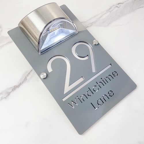 Solar Powered LED House Number Sign – Personalised Illuminated Door Plaque with Laser Engraving – Auto ON at Night – Waterproof Acrylic Address Plate for Home Wall or Gate (Gray silver)
