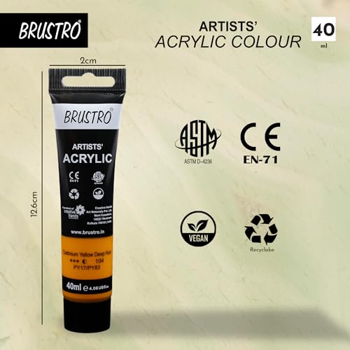 Image of BRUSTRO Artists Acrylic Paint Tube | 40ml, Cad Yellow Deep Hue (Pack of 2)|Non-Toxic,Water based,Inter Mixable,Ideal for Painting,Textured Effects on Canvas,Paper,Fine Art Student and Professionals