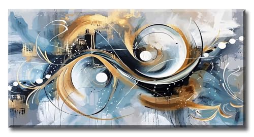 JiazuGo Framed Large Canvas Wall Art 20x40 Inches, Modern Abstract Blue Golden Circle Painting, Textured Neutral Wall Decor for Living Room, Bedroom, Office Background Home Decoration