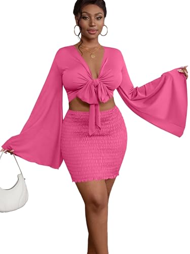 Image of LYANER Women 2 Piece Vacation Outfits Tie Knot Front Bell Long Sleeve Crop Top and Mini Skirt Summer Set