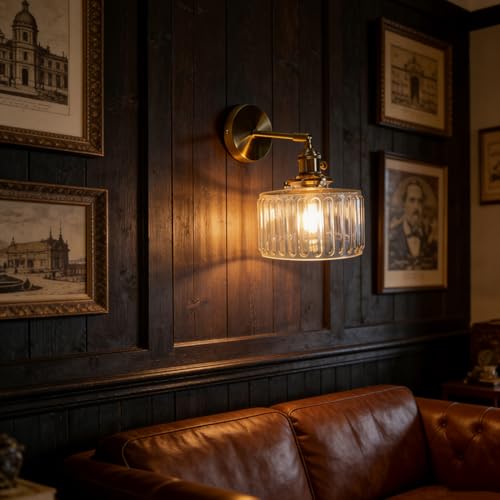 Image of Vintage Wall Sconces with Switch Ribbed Glass Shade Modern Brass Wall Light Fixtures 180Adjustable Bedside Wall Mounted Lamp for Bedroom Bathroom Living Room Farmhouse Vanity (Transparent)