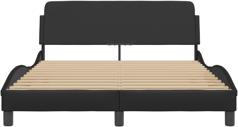 Double Bed Frame with Black Faux Leather Upholstery and Solid Pine Wood, Sturdy Platform Foundation with Slatted Mattress Support, Easy Assembly, Modern Minimalist Bedroom Furniture