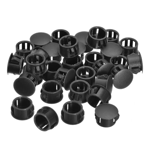 sourcing map 15mm(19/32") Plastic Hole Plugs, 36Pcs Flush Type Panel Round Snap in Fastener Knockout Locking Plugs for Furniture Insert End Caps Panels, Black