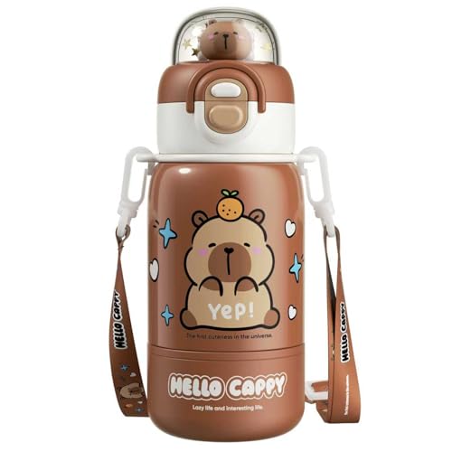 Sgqtqybk Capybara Water Bottle 400ml/14oz Cute Stainless Steel Water Bottle with Straw & Strap & Drinking Cup Portable Heat-Resistant Food Grade for Kids & Girls, Coffee