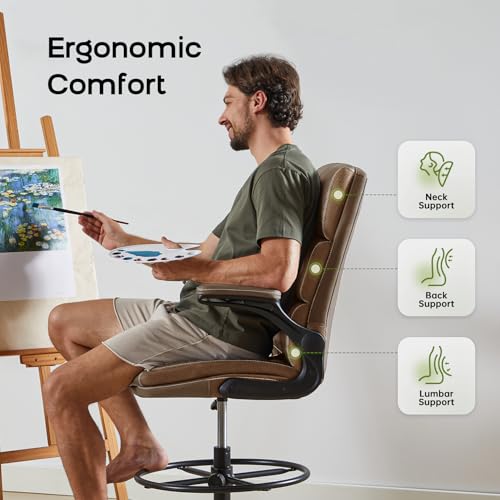 Image of Drafting Chair Tall Office Chair with Padded Flip-up Armrests Executive Ergonomic Computer Standing Desk Chair with Comfortable Leather Backrest and Adjustable Footrest Ring (Tan)