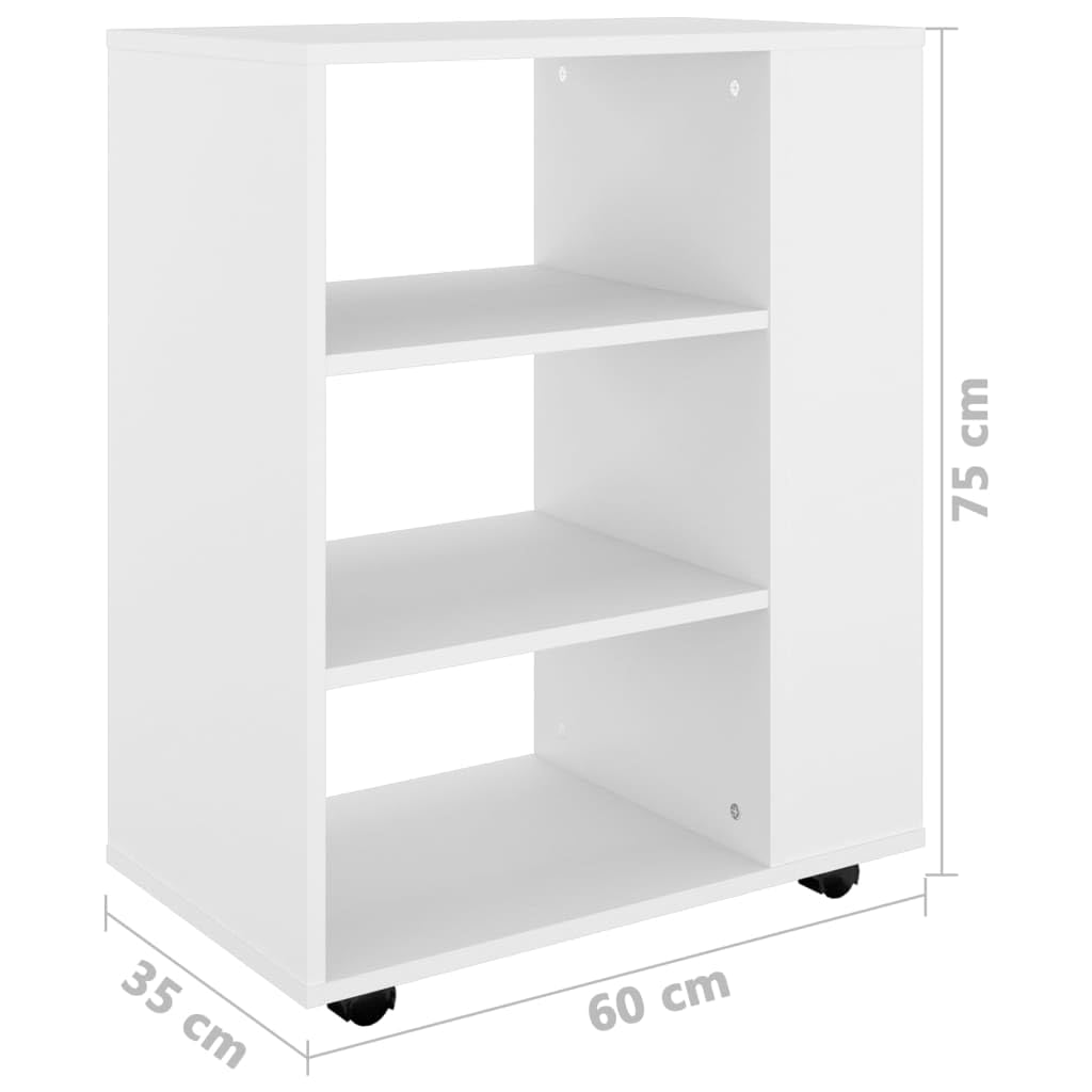 Armadio con ruote in legno bianco, 60 x 35 x 75 cm, con 4 ruote, 2 bloccabili, mobile multiuso per ufficio, soggiorno, camera da letto, spazio e ordine