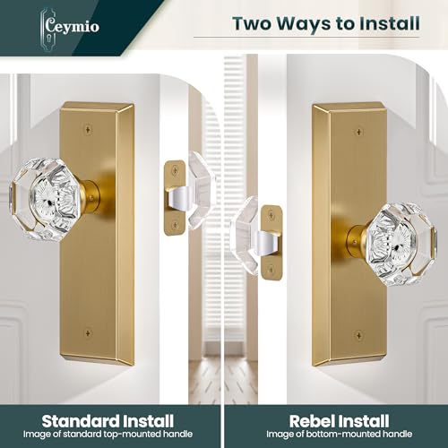 Image of Glass Door Knobs for Interior Doors - Vintage Crystal Passage Closet & Hallway Door Knob - Diamond Cut Door Handle - Satin Brass Finish (1 Pack)
