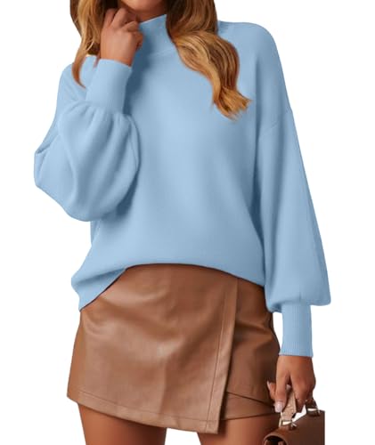 Image of WEACZZY Women's Sweater Mock Neck Long Lantern Sleeve Lightweight Knit Tops