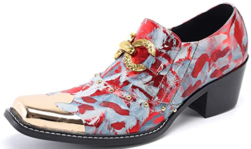 Santimon Mens Loafers Casual Dress Slip On Mocassins Gold Chain Metal Square-Toe Genuine Leather Heel Penny Loafers Wedding Party Disco Western Cowboy Ballroom Prom Shoes