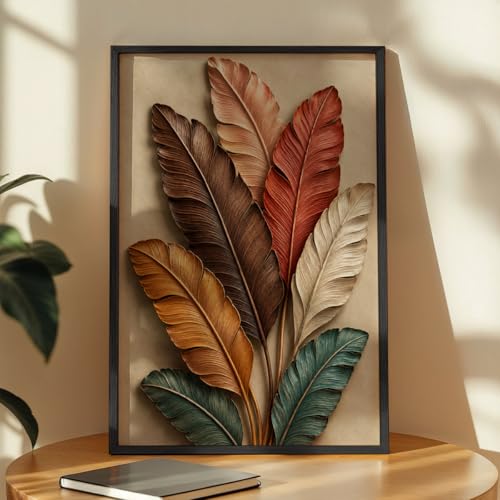 Image of NoWorries 3D Colorful Leaf Wall Painting with Frame Set of 1 | Premium Textured Botanical Leaves Artwork, Luxury Nature Wall Decor for Living Room, Bedroom, Office and Home Decoration (3d Art-17,17x25inch)